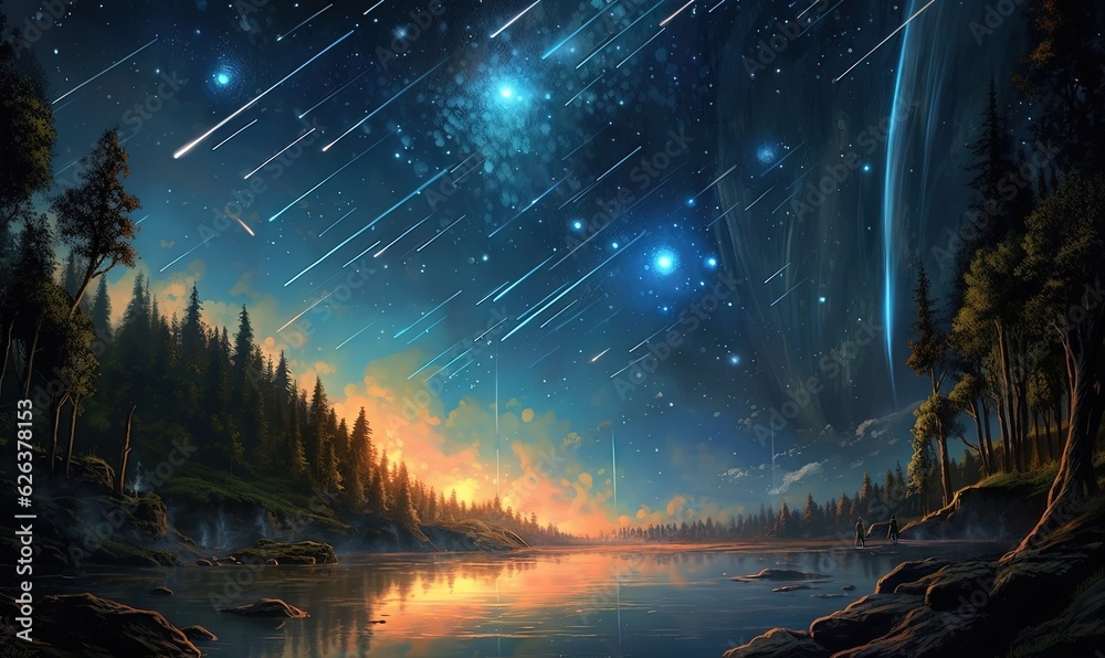 a painting of a night sky with stars and a lake. generative ai a painting of a night sky with stars and a lake. generative ai