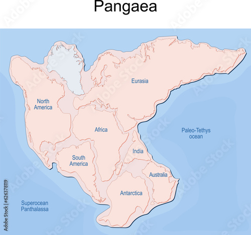 Supercontinent Pangaea with modern continental borders, Superocean Panthalassa, and Paleo-Tethys Ocean