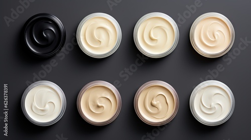  six different types of creams on a black surface with a black background. generative ai