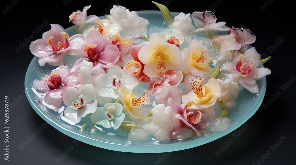a bowl of water with flowers floating in it on a table. generative ai a bowl of water with flowers floating in it on a table. generative ai