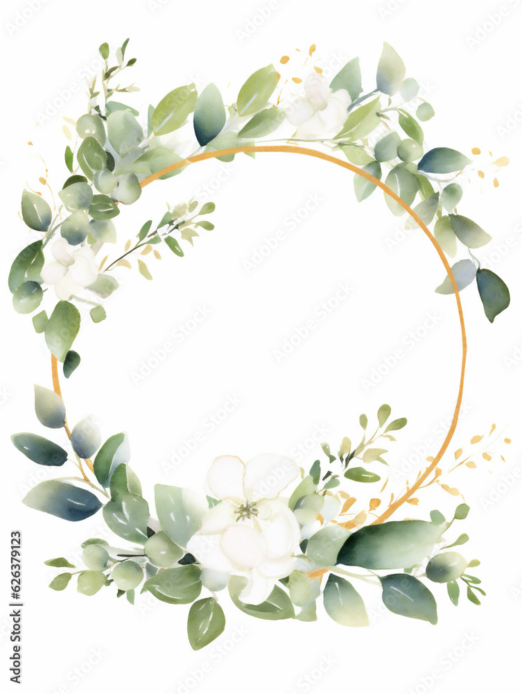 Aquarelle green eucalyptus frame with white background and copy space, ai generated