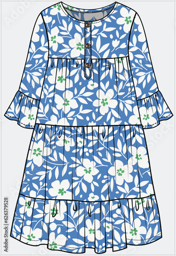EMPIRE CUT HENLEY PLACKET FLORAL TIERED DRESS WITH ELBOW LENGTH SLEEVES DETAIL WOVEN DRESS DESIGNED FOR TEEN GIRL AND WOMEN IN EDITABLE VECTOR