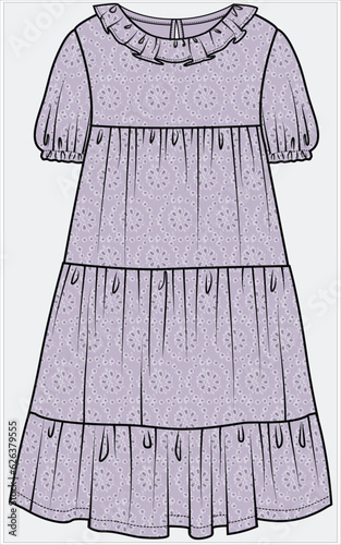 PUFF SLEEVES FRILL NECKLINE TIERED WOVEN DRESS IN HAKOBA FABRIC SCHIFFLI FABRIC DETAIL DESIGNED FOR TEEN GIRL AND KID GIRLS IN EDITABLE VECTOR