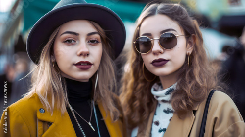 Two young women posing, hugging. fashion beauty style