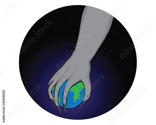 cartoon illustration vector design of a monster hand in gray color with sharp fingernails and black color holding an earth globe in black and dark blue sky background with stars