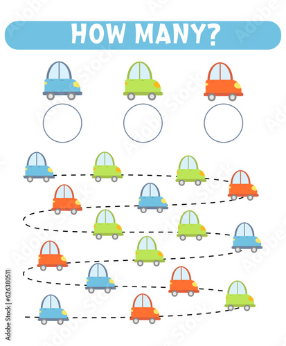 Math game for kids. How many cars are there. Printable worksheets.