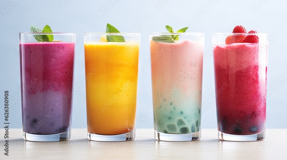  a row of four different colored drinks in a row on a table.  generative ai