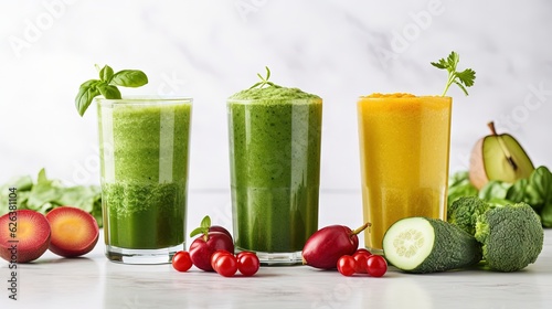  a table topped with three glasses filled with green smoothies.  generative ai