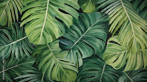  a painting of green leaves on a black background with a white border. generative ai