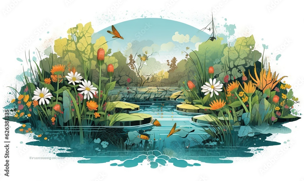  a painting of a pond surrounded by flowers and plants with a bird flying over it.  generative ai