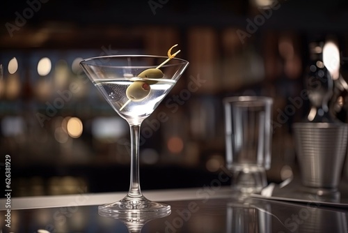 Martini cocktail with olives on a bar counter, alcohol drink, luxury restaurant, night club, party.