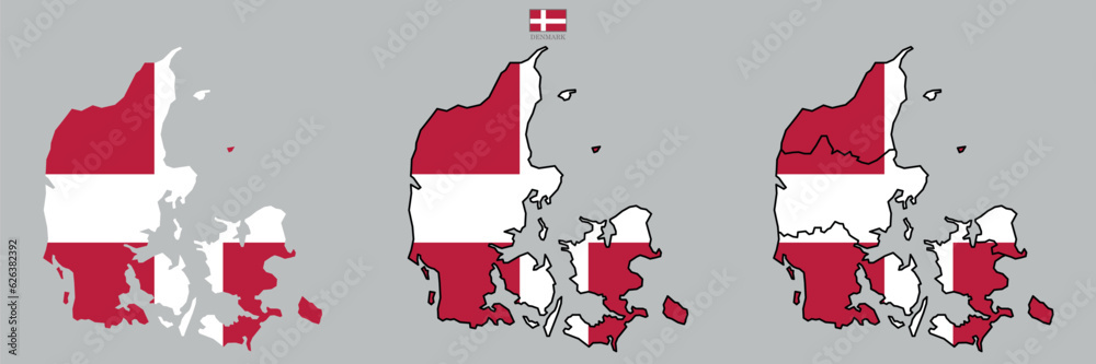 Fototapeta premium Three Denmark vector maps with flag and state in color. Background map eps 10