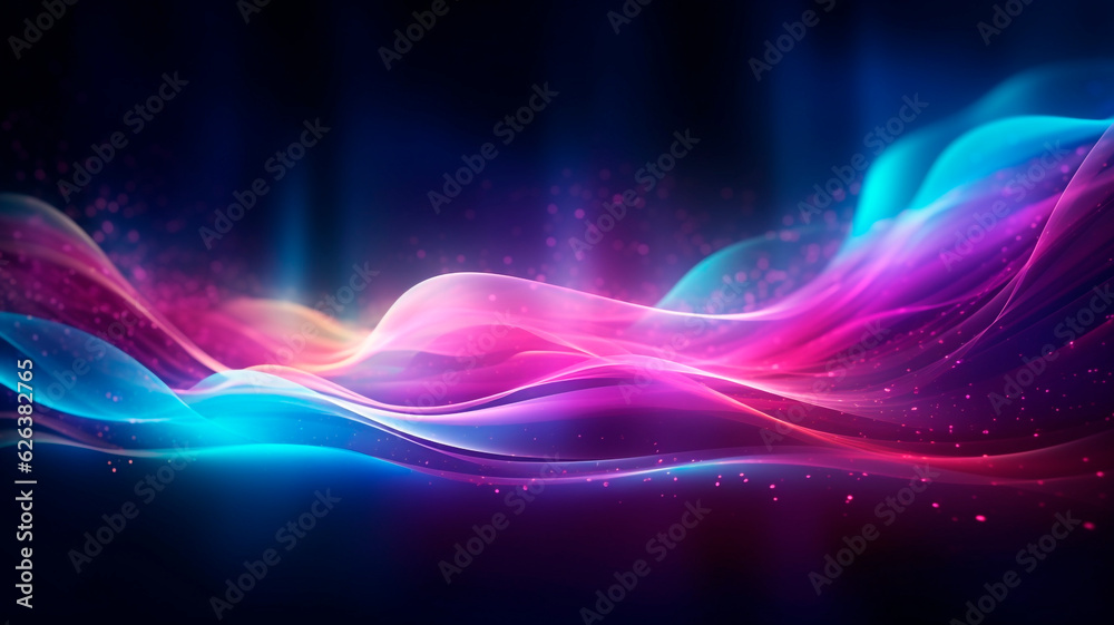 An abstract and futuristic backdrop featuring vibrant pink and blue neon waves in motion, accompanied by bokeh lights. The concept of data transfer is brilliantly portrayed in this fantastic wallpaper
