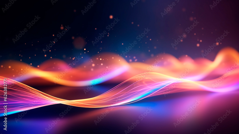 An abstract and futuristic backdrop featuring vibrant pink and blue neon waves in motion, accompanied by bokeh lights. The concept of data transfer is brilliantly portrayed in this fantastic wallpaper An abstract and futuristic backdrop featuring vibrant pink and blue neon waves in motion, accompanied by bokeh lights. The concept of data transfer is brilliantly portrayed in this fantastic wallpaper