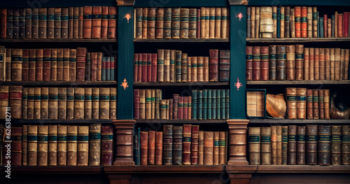 A library wall adorned with a collection of old, ancient books, housing numerous historical books and manuscripts.