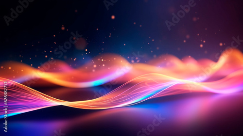 An abstract and futuristic backdrop featuring vibrant pink and blue neon waves in motion  accompanied by bokeh lights. The concept of data transfer is brilliantly portrayed in this fantastic wallpaper