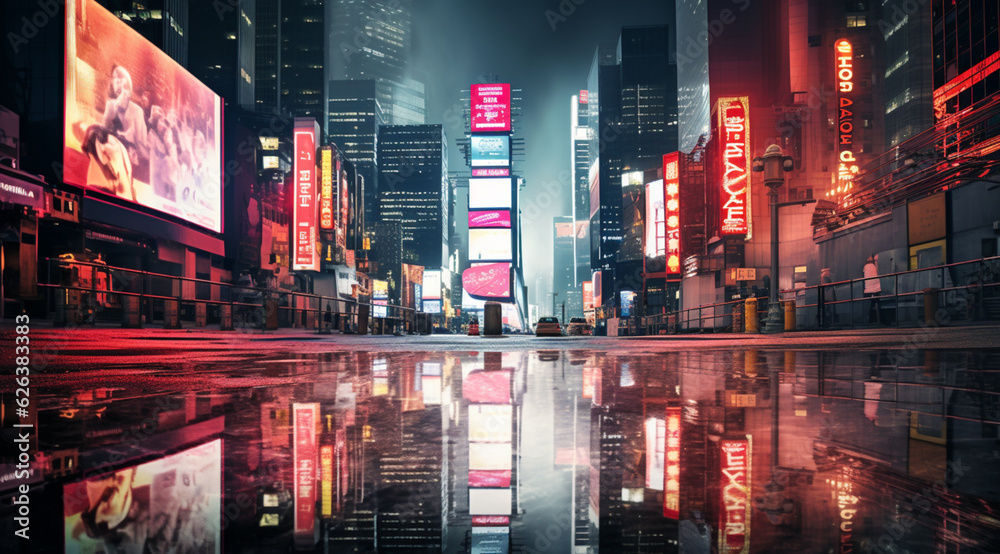 Glowing advertisement signs and billboards in city with light reflection on wet street