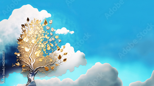 illustrazione di panorama con albero in oro e argento, cielo azzurro e nuvole