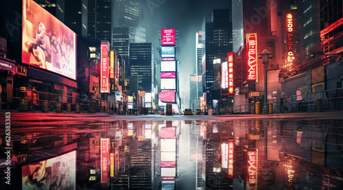 Glowing advertisement signs and billboards in city with light reflection on wet street