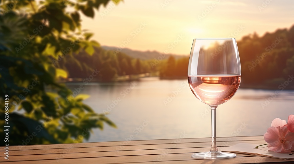  a glass of wine sitting on a table next to a lake.  generative ai