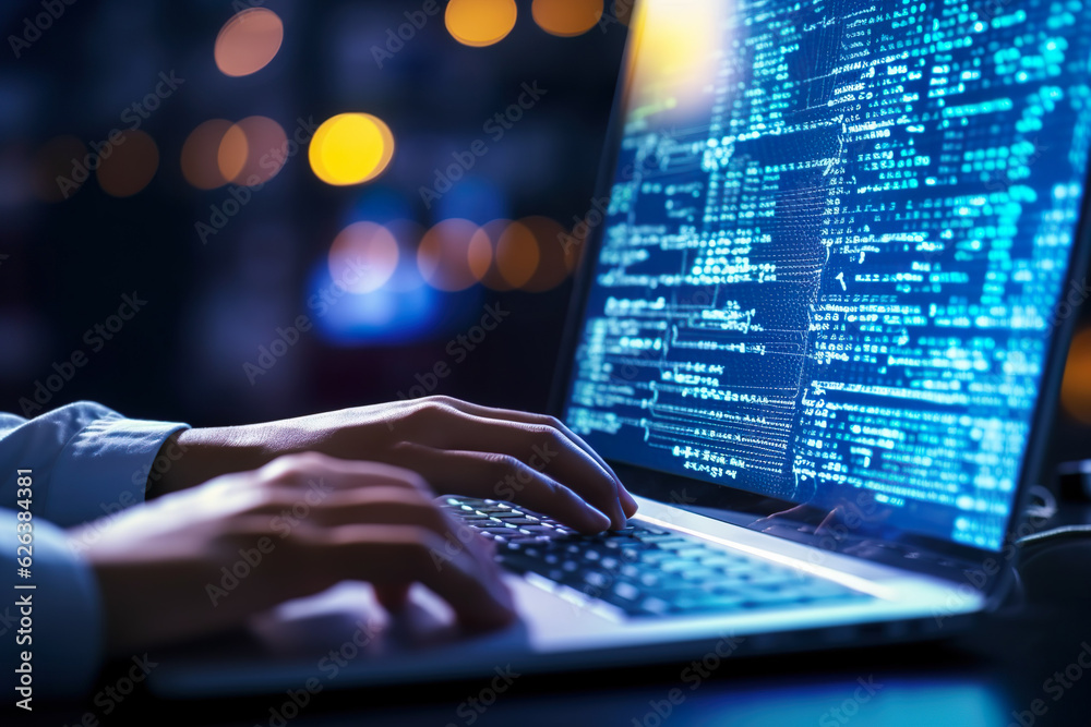 A man writes code on a computer at night, tecnology, Networking, programming codes, algorithms, Generative AI A man writes code on a computer at night, tecnology, Networking, programming codes, algorithms, Generative AI