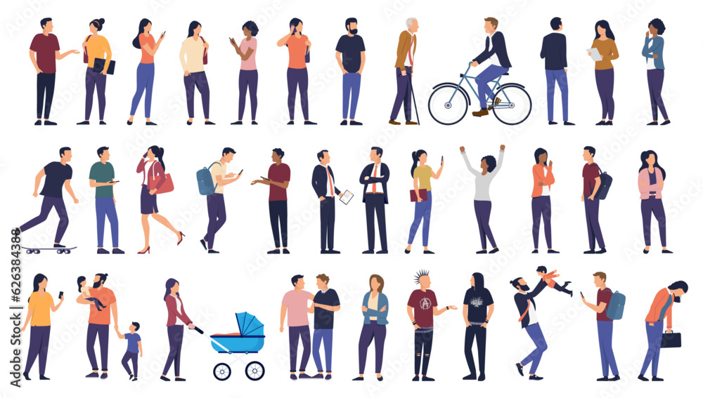 People vector collection - Set of casual urban characters in various positions doing different activities. Flat design on white background