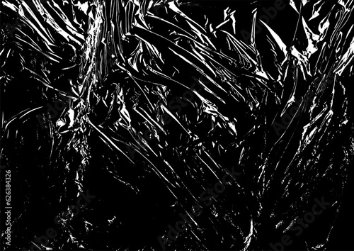 Polyethylene texture. Grunge effect. Transparent stretched cling film. Overlay grunge texture. Black and white vector background. Crumpled warp plastic. Defect, scuff template. Wrinkled packaging