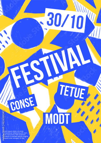 Template with geometric abstract pattern. Poster with cubes, circles and stripes. Hand drawn chalk pattern in blue, yellow and white colors. Placard with typographic elements. Music fest banner