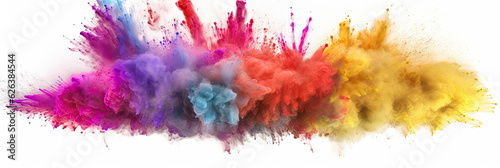 Multicoloured holi powder explosion on a white background. Panoramic view. Generative AI