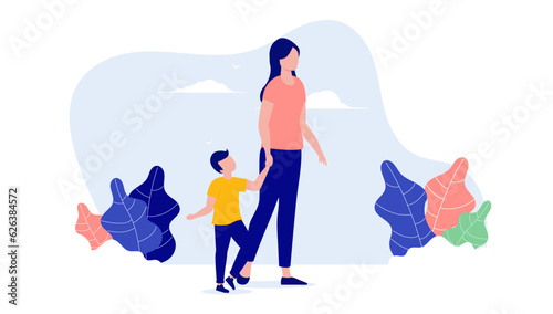 Mother with child - Parent holding son in hand walking outdoors. Flat design vector illustration with white background