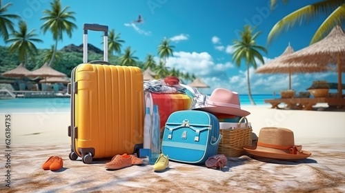  a suitcase, hat, and other items on a beach. generative ai