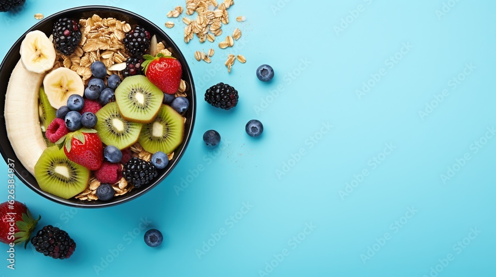 a bowl of fruit and cereal on a blue background with berries, kiwis, and bananas. generative ai a bowl of fruit and cereal on a blue background with berries, kiwis, and bananas. generative ai