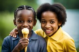 Two happy dark skinned children eating ice cream Summer, vacation, childhood, motherhood, food concept. Mom treats siblings to ice cream