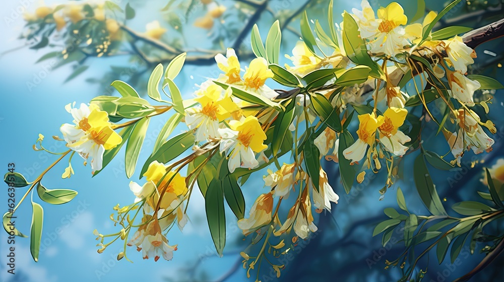 a branch with yellow flowers and green leaves on a blue sky background. generative ai a branch with yellow flowers and green leaves on a blue sky background. generative ai