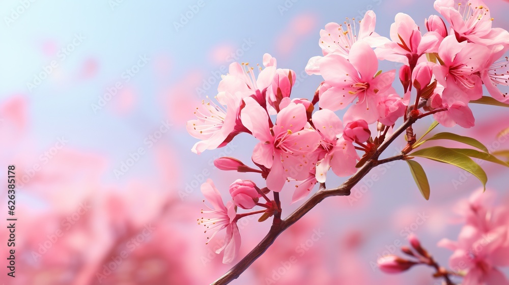  a branch of pink flowers with green leaves on a blue sky background.  generative ai