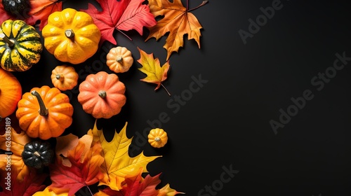  a group of fake pumpkins and leaves on a black background. generative ai