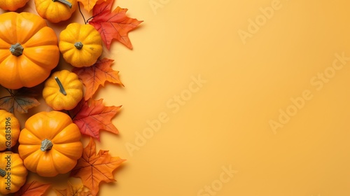  a group of pumpkins and leaves on a yellow background. generative ai