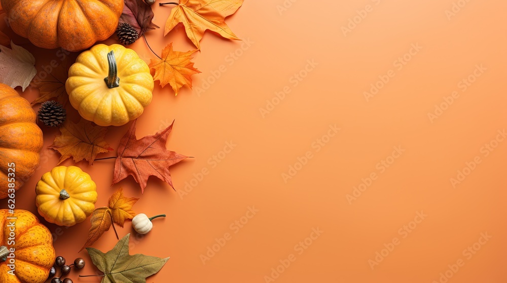 a group of pumpkins and leaves on an orange background. generative ai a group of pumpkins and leaves on an orange background. generative ai