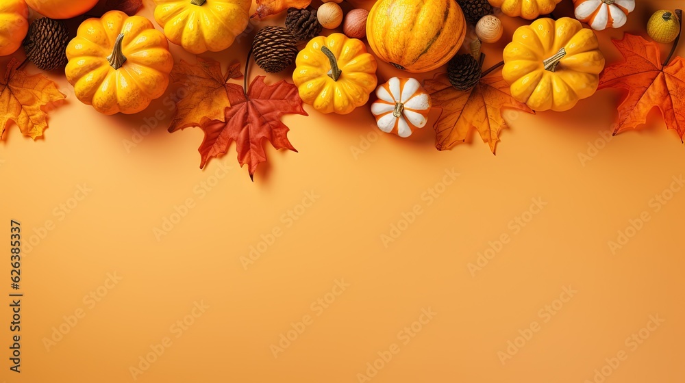  a group of pumpkins and leaves on a yellow background.  generative ai