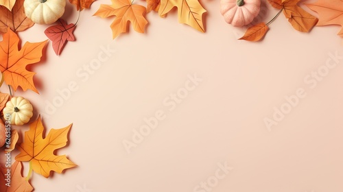  an overhead view of autumn leaves and pumpkins on a pink background. generative ai
