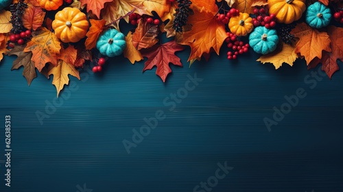  a blue background with autumn leaves and pumpkins on it. generative ai
