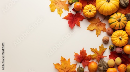  a group of autumn leaves and pumpkins on a white background. generative ai