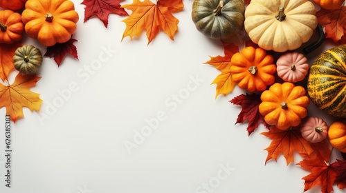  a group of pumpkins and leaves on a white background. generative ai