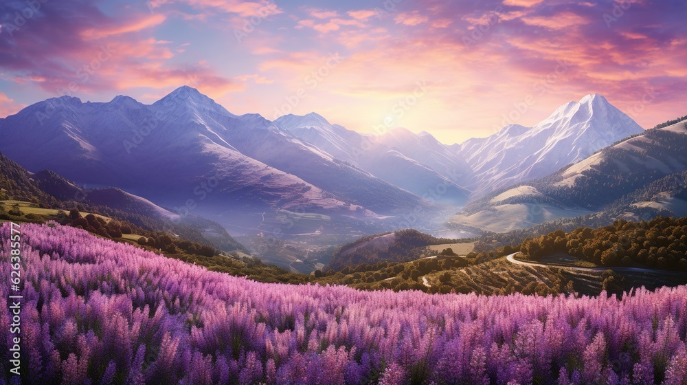 Obraz premium a painting of a mountain range with purple flowers in the foreground. generative ai