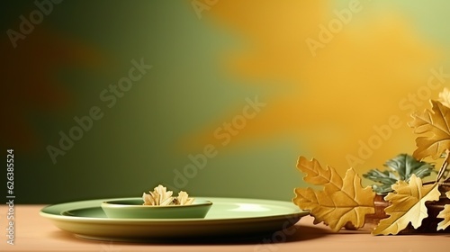  a green plate with a leaf on it next to a green plate.  generative ai