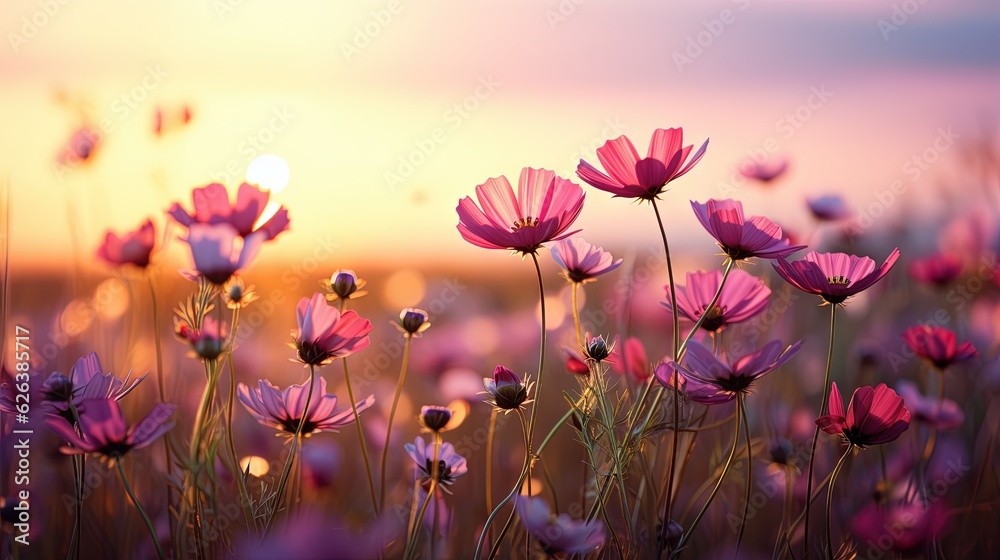  a field of pink flowers with the sun setting in the background.  generative ai