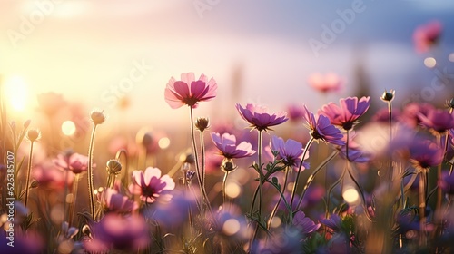  a field full of purple flowers with the sun in the background.  generative ai © Shanti
