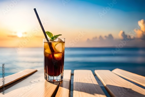 Concept of luxury vacation. Cuba Libre cocktail on the pier. Long island ice tea cocktail on the pier. Tropical vacation background. Right side angle. Clear blue sky