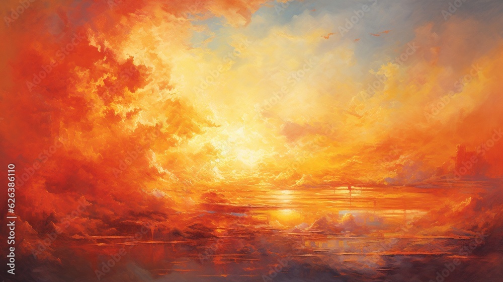  a painting of a sunset over a body of water with a boat in the distance.  generative ai