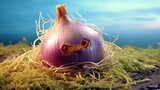  an onion with a hole in the middle of it sitting in a pile of grass.  generative ai